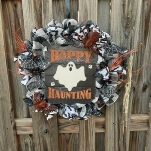 Happy Haunting Halloween Ghost Deco Mesh Wreath Cute Creepy Spooky Handmade